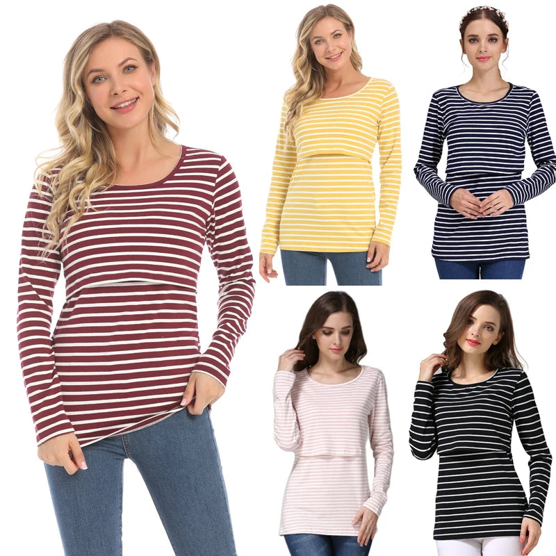 Maternity T-shirts Long Sleeve With Pockets For Breastfeeding Women