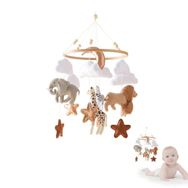 Crib Mobile Wooden Baby Rattles Soft Cartoon Animals Newborn Music Box