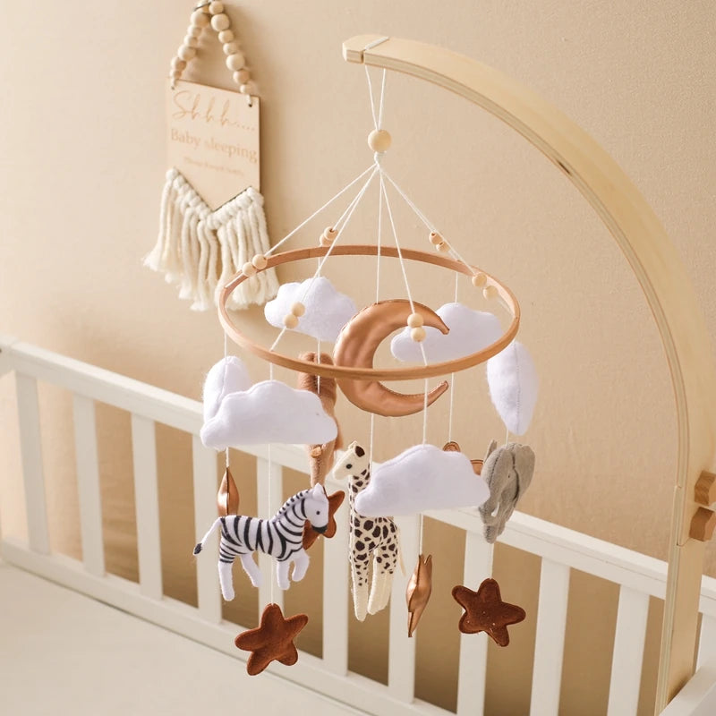 Crib Mobile Wooden Baby Rattles Soft Cartoon Animals Newborn Music Box